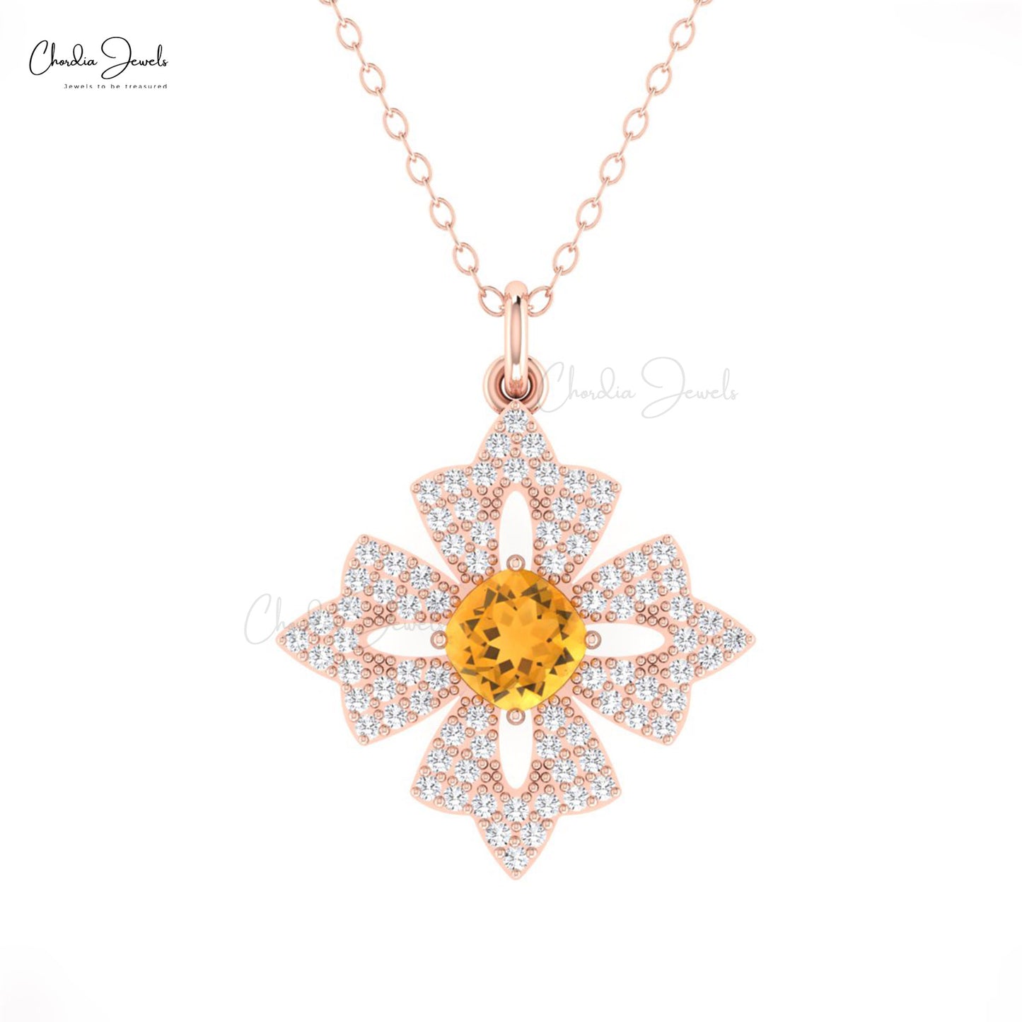 Real 14k Gold Daisy Pendant with 0.6 Ct Citrine And Diamond Floral Pendant