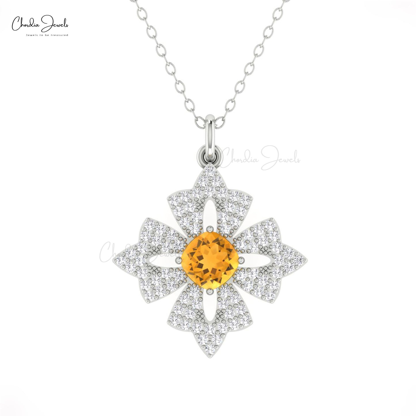 Real 14k Gold Daisy Pendant with 0.6 Ct Citrine And Diamond Floral Pendant