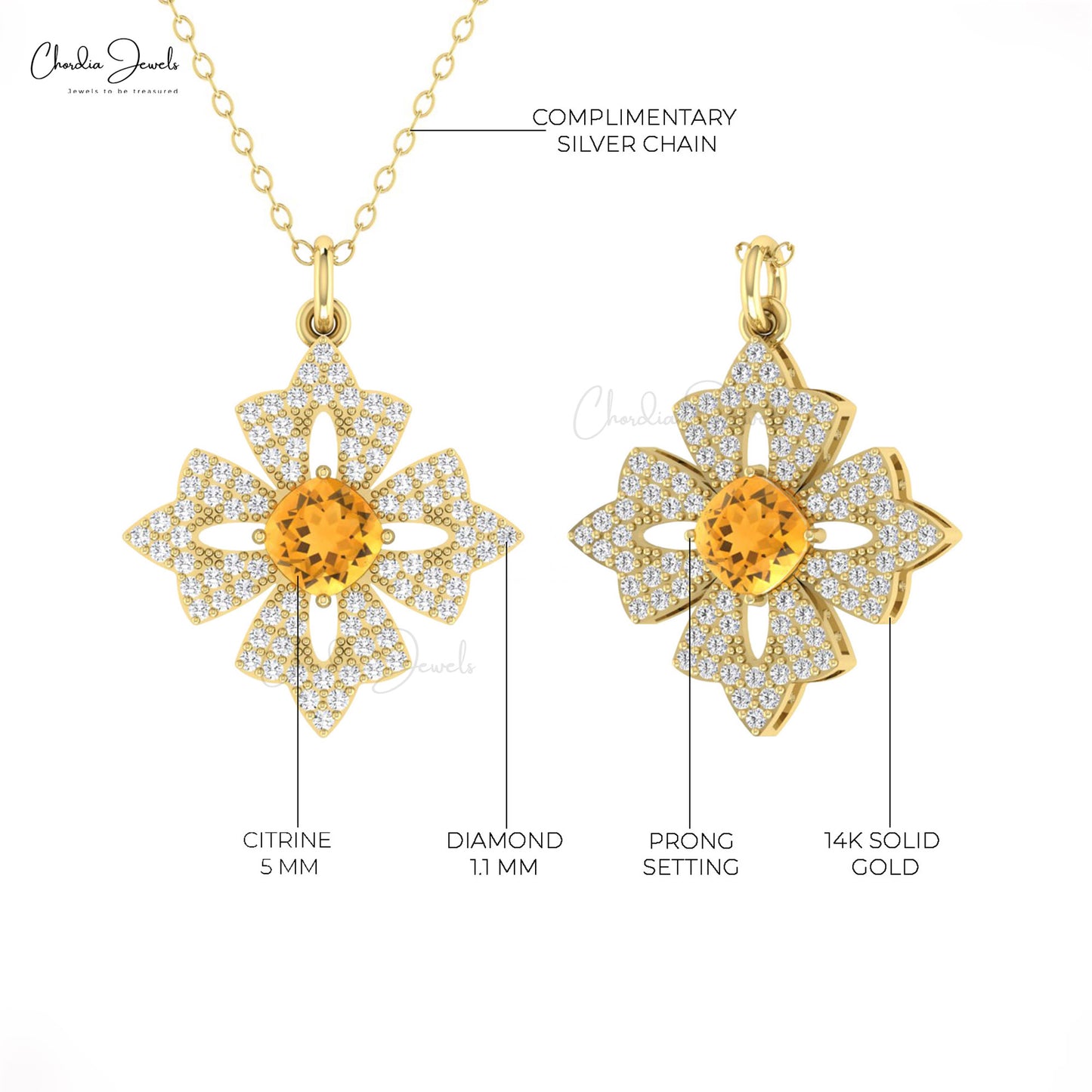 Real 14k Gold Daisy Pendant with 0.6 Ct Citrine And Diamond Floral Pendant