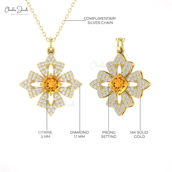 Real 14k Gold Daisy Pendant with 0.6 Ct Citrine And Diamond Floral Pendant