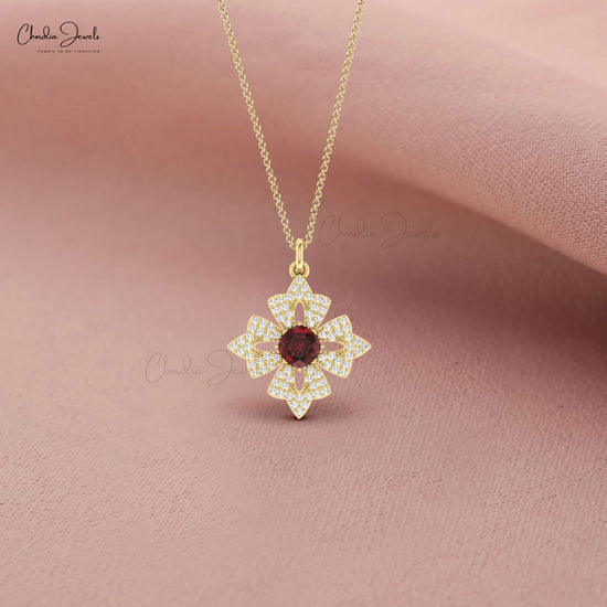 Cluster Diamond with 0.6 Ct Cushion Garnet Floral Pendant in 14k Solid Gold Fine Jewelry