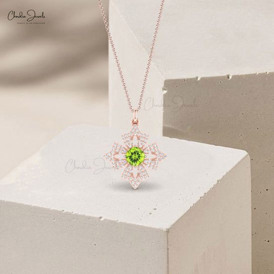 Cushion Cut Dangle Pendant With 5mm Peridot And Diamond Necklace In 14k Gold Fine Jewelry