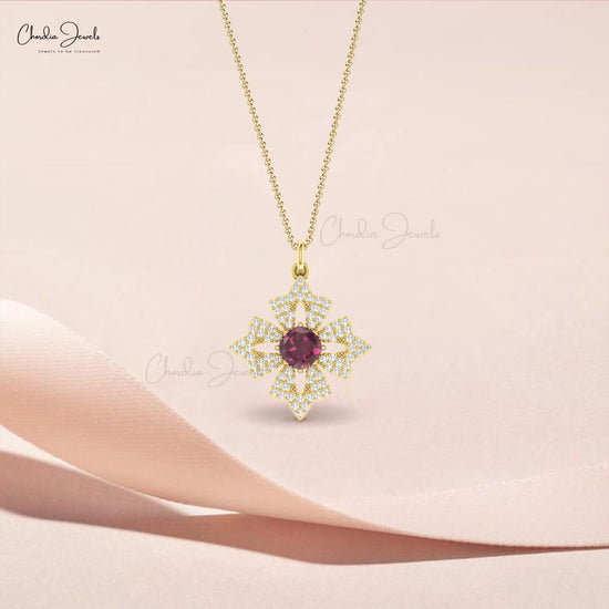 Floral Wedding Pendant with 0.6 Ct Rhodolite Garnet And Diamond Accents In 14k Real Gold Jewelry