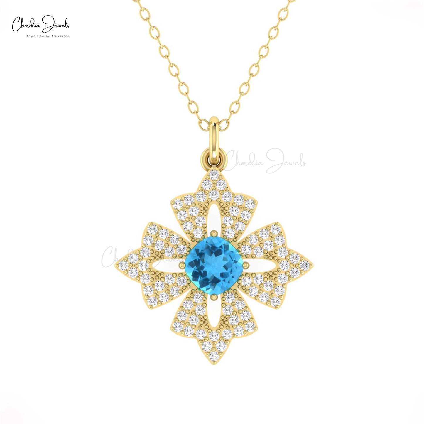 Floral 14k Solid Gold Pendant With 5mm Cushion Swiss Blue Topaz And Diamond Necklace