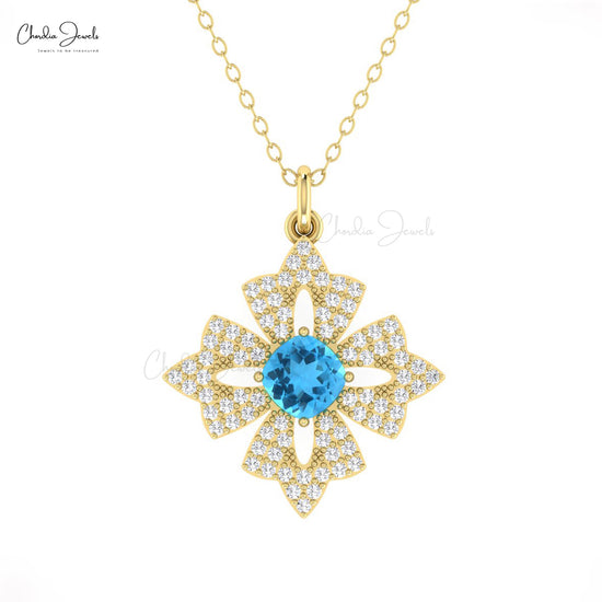 Floral 14k Solid Gold Pendant With 5mm Cushion Swiss Blue Topaz And Diamond Necklace