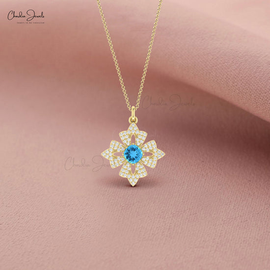 Floral 14k Solid Gold Pendant With 5mm Cushion Swiss Blue Topaz And Diamond Necklace