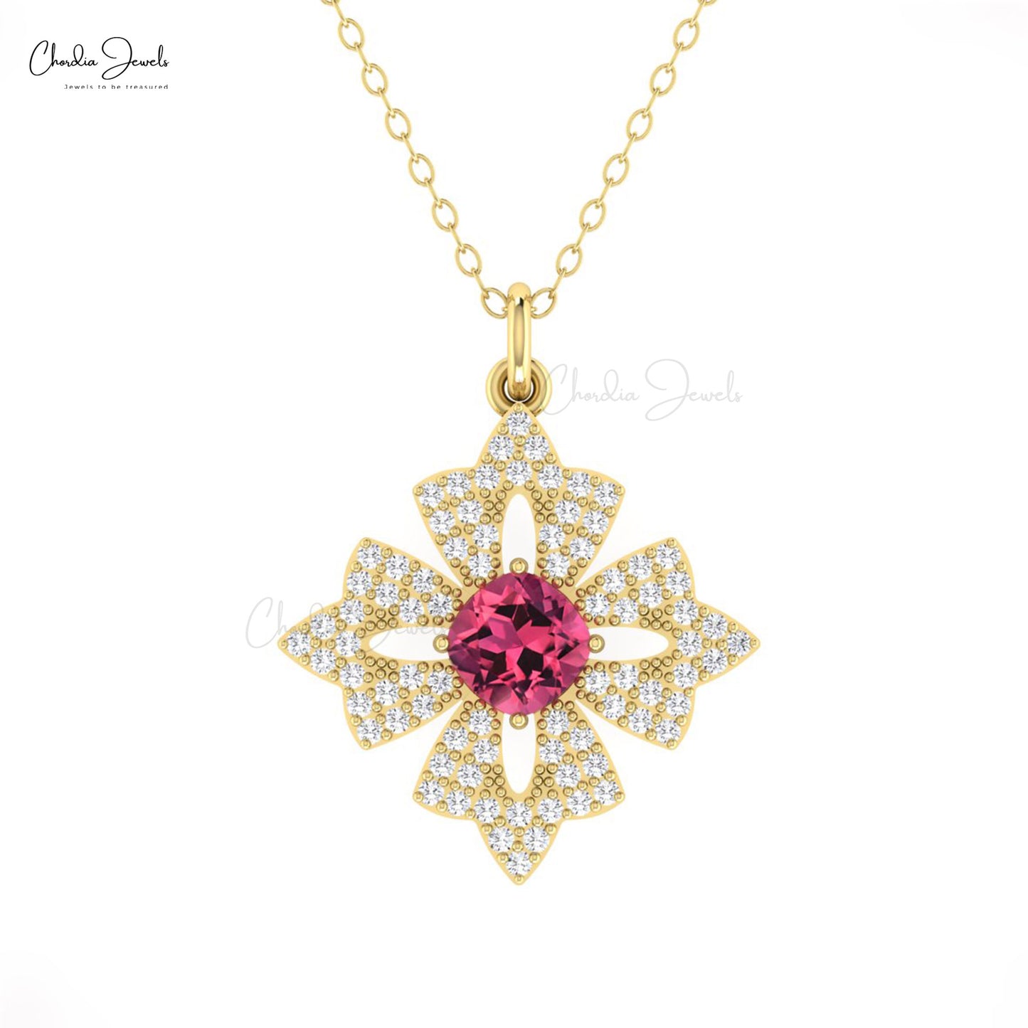 Flower Style Pendant With Cushion 0.6 CT Tourmaline And G-H Diamond Necklace In 14k Solid Gold