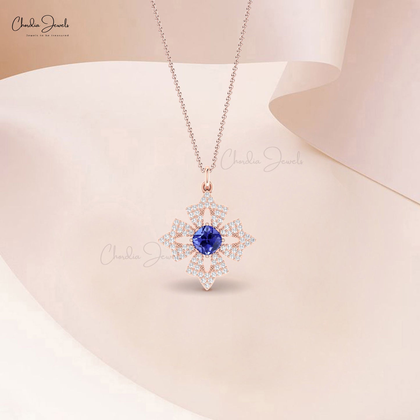 Genuine Floral 14k Solid Gold Pendant With 5mm Tanzanite And G-H Diamond Minimalist Necklace