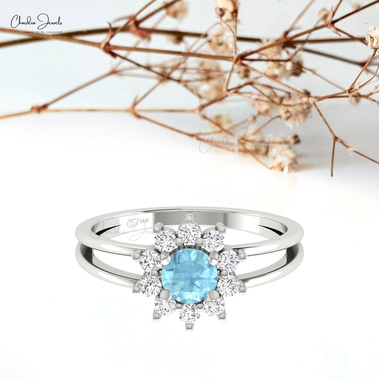 Floral Twin Shank Ring In 14k Solid Gold Natural Aquamarine And Diamond Halo Ring