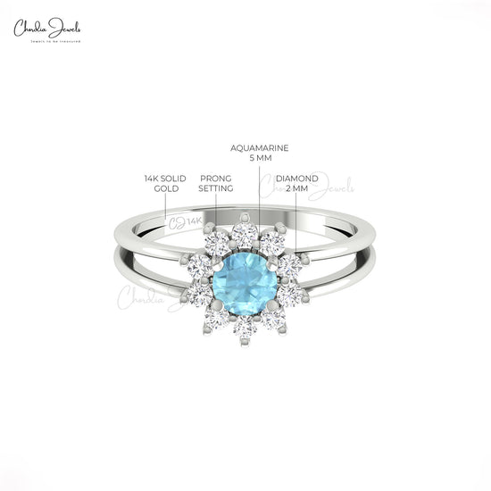 Floral Twin Shank Ring In 14k Solid Gold Natural Aquamarine And Diamond Halo Ring