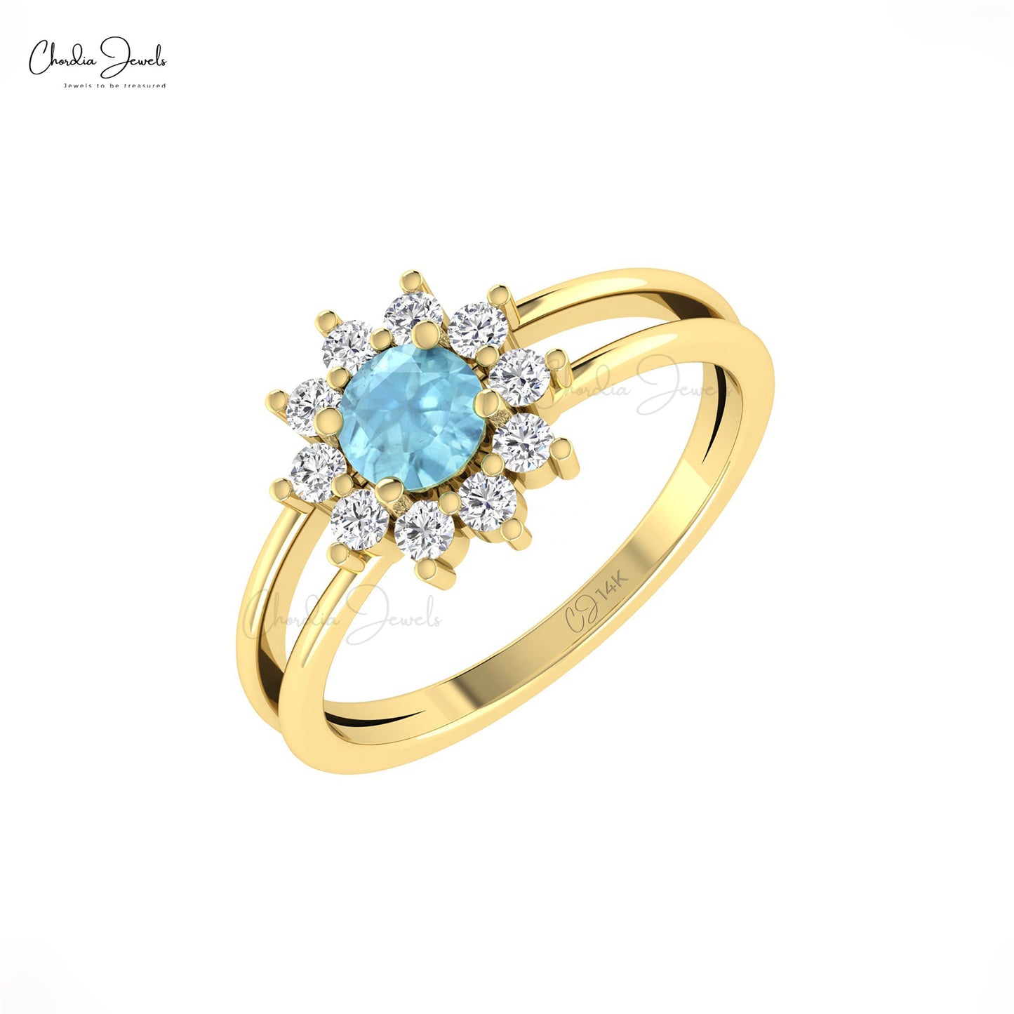 Floral Twin Shank Ring In 14k Solid Gold Natural Aquamarine And Diamond Halo Ring