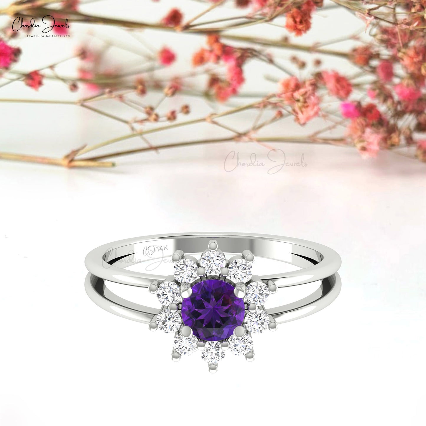 Cluster Diamond Halo Ring with Natural 0.42 Ct Amethyst Real 14k Gold Split Shank Ring