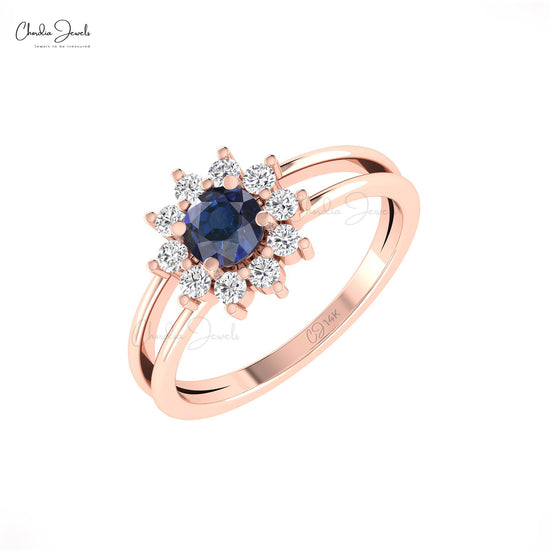 Split Shank 14k Gold Ring With 0.7 Ct Blue Sapphire And Halo Diamond Women Ring