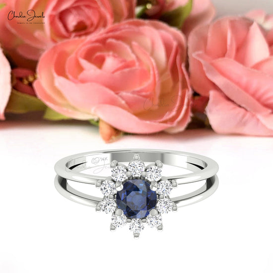 Split Shank 14k Gold Ring With 0.7 Ct Blue Sapphire And Halo Diamond Women Ring