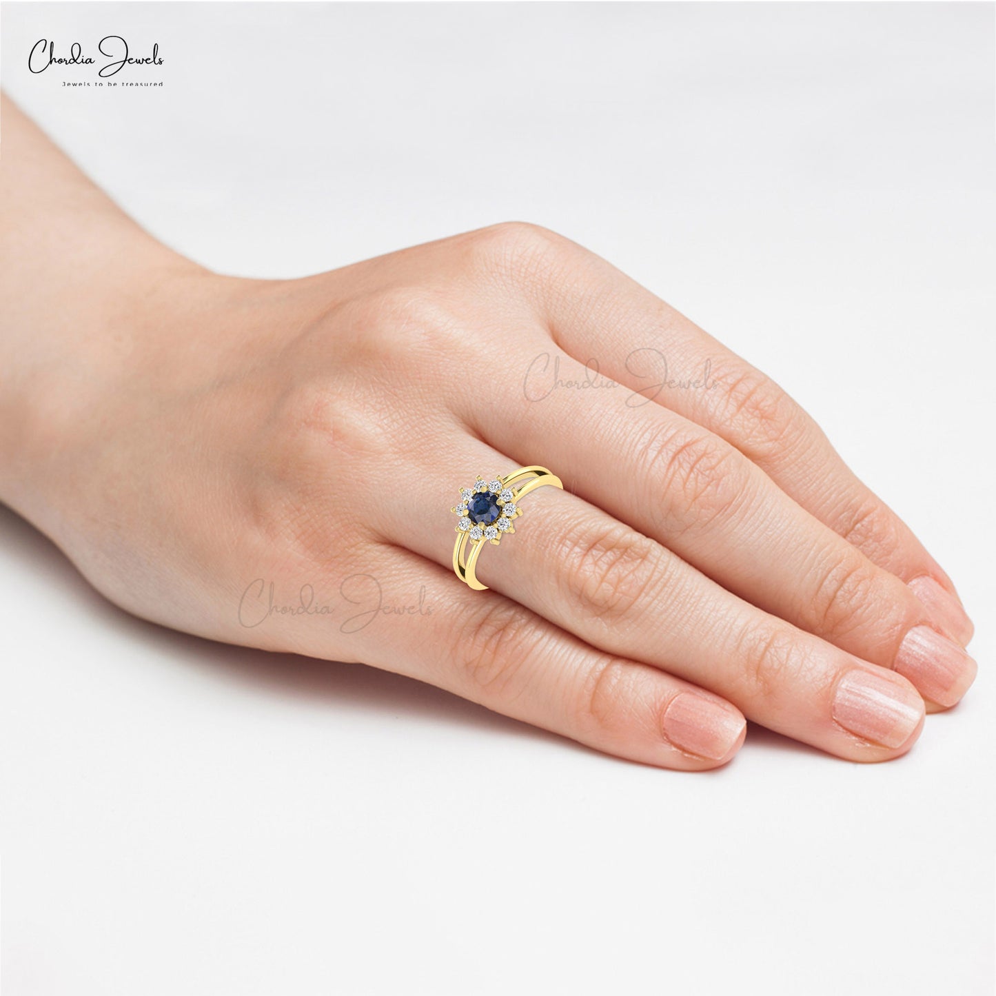 Split Shank 14k Gold Ring With 0.7 Ct Blue Sapphire And Halo Diamond Women Ring