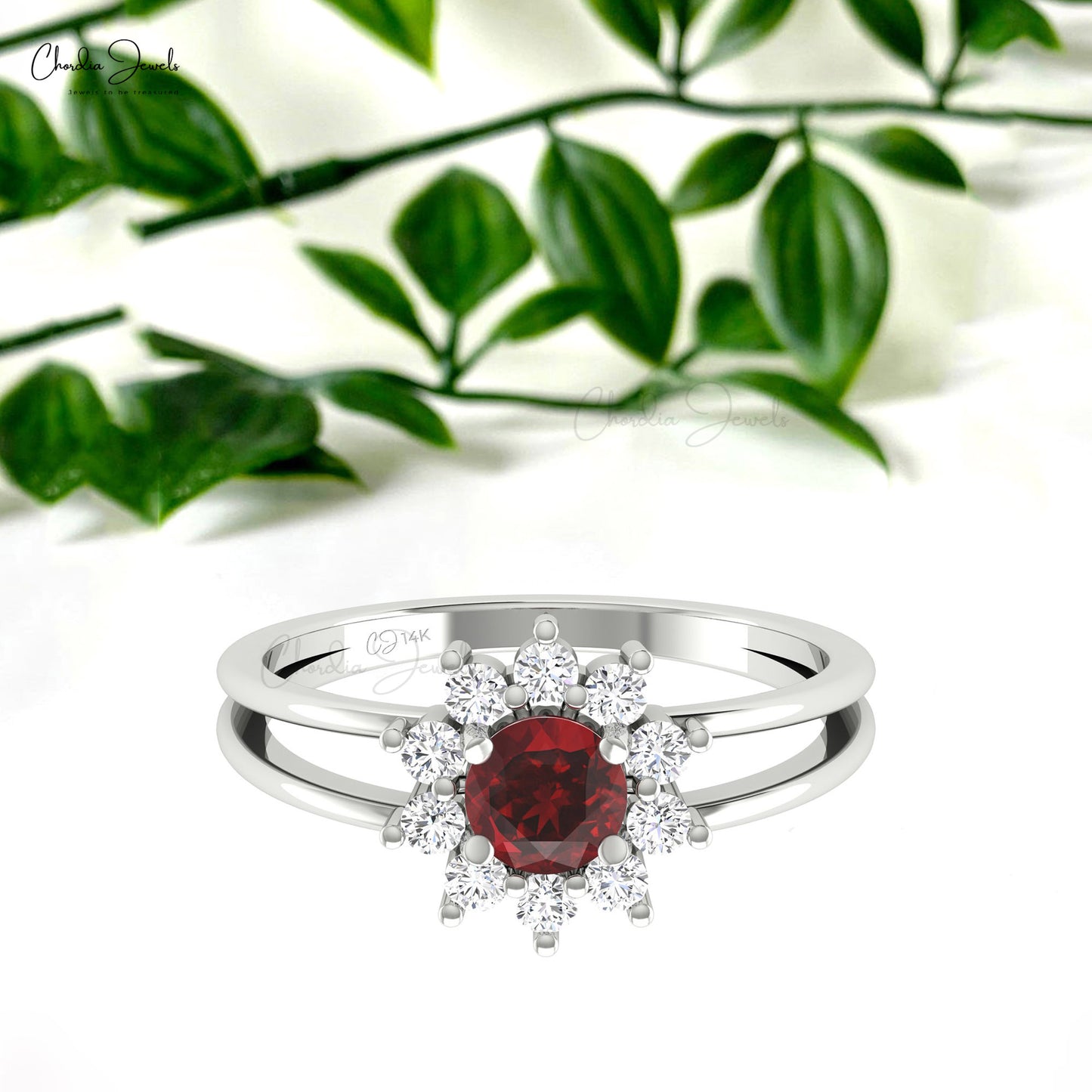 Floral 5mm Round Red Garnet With Halo Diamond Accents In 14k Solid Gold Split Shank Ring