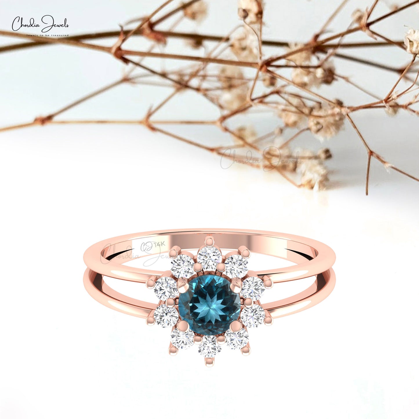 Real 14k Gold Parallel Split Shank Ring With 0.4 CT London Blue Topaz And Diamond Ring For GF