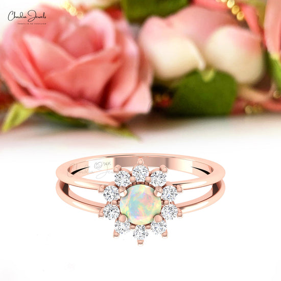 Split Shank 0.42 Ct Round Fire Opal And Halo Diamond Accents in 14k Solid Gold Wedding Ring