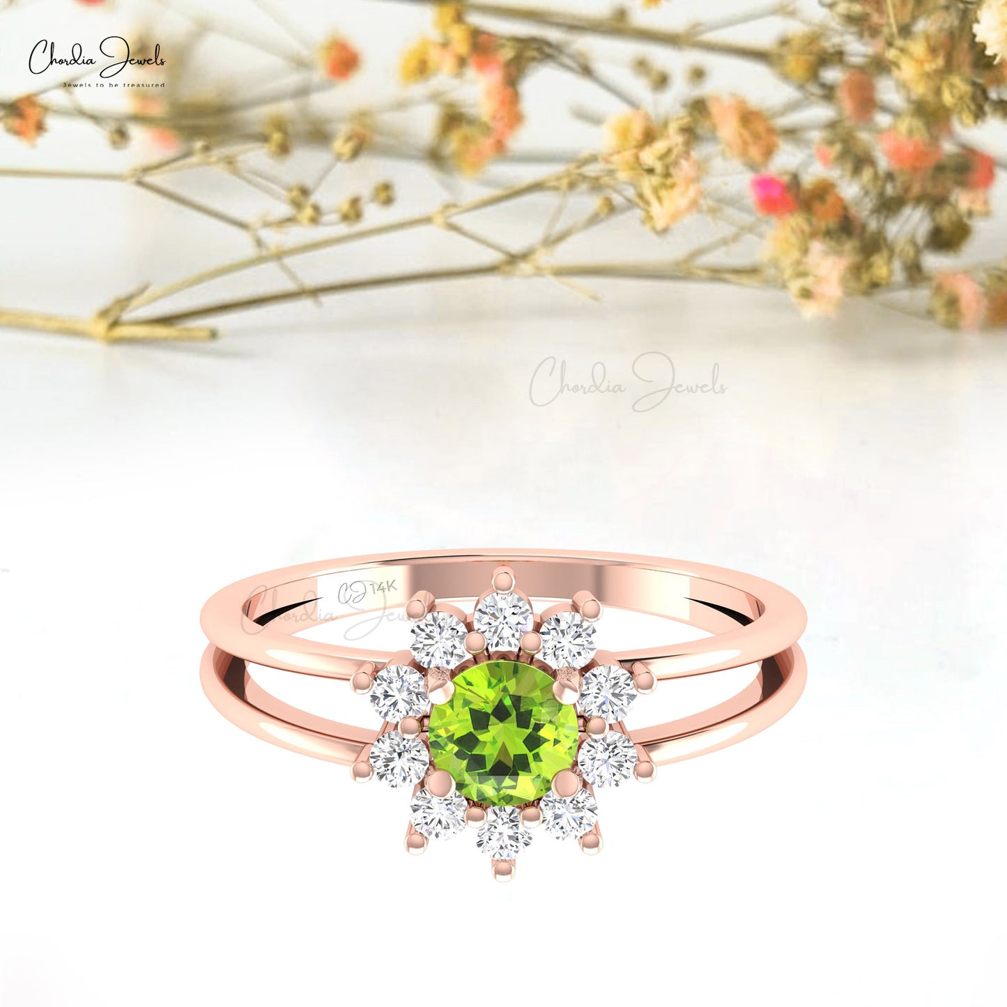 Solid 14k Gold Parallel Split Shank ring 5mm Round Peridot Ring Cluster Diamond Ring