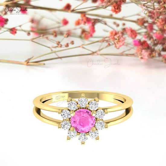 Cluster Diamond Halo Ring With 5mm Pink Sapphire Gemstone Accents In 14k Real Gold Ring