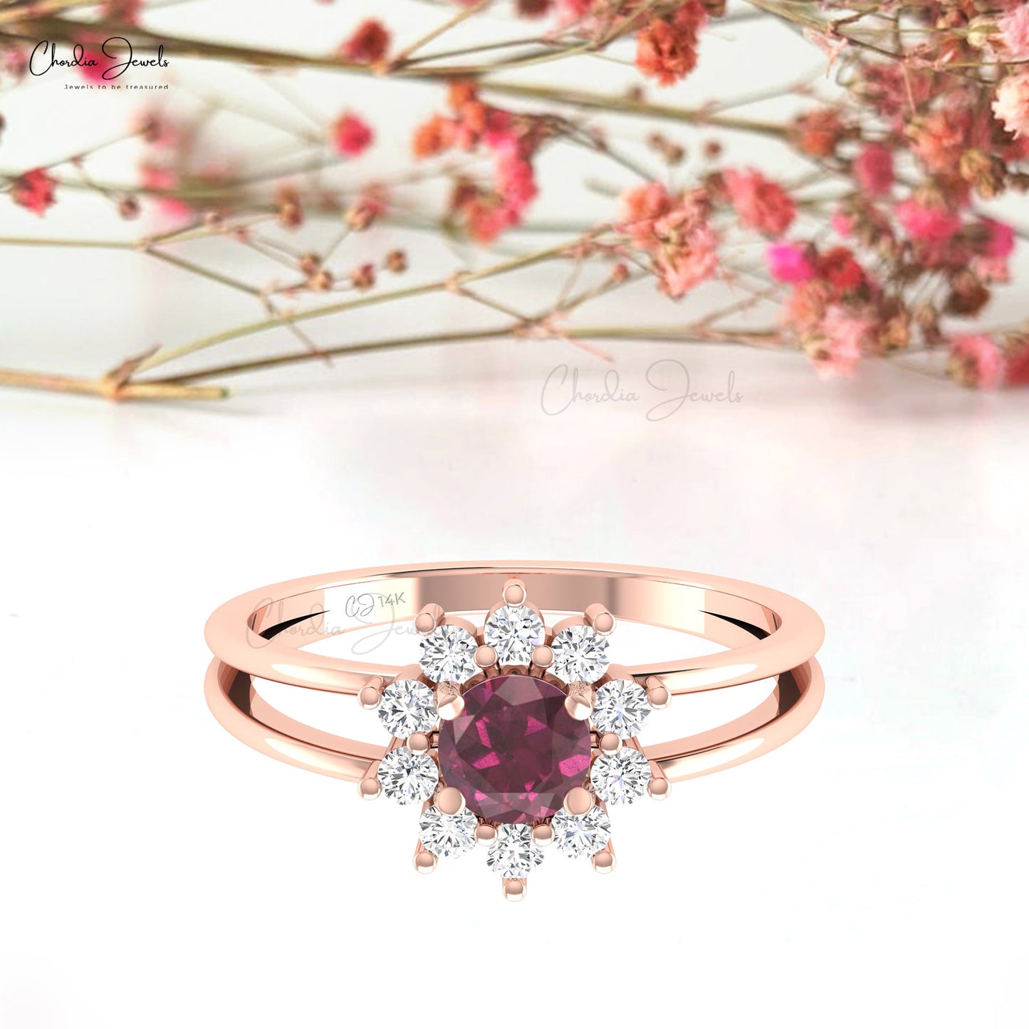 Halo Flower 14k Gold Ring with 5mm Round Rhodolite Garnet and Diamond Split Shank Ring