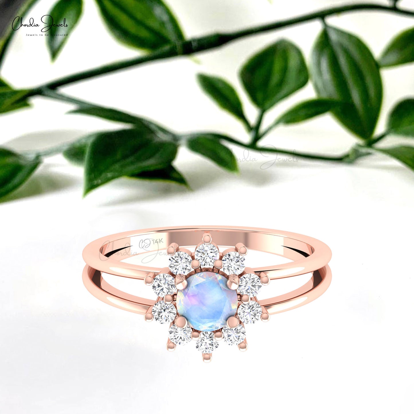 Natural Rainbow Moonstone 0.4 CTW Gemstone With Dainty Diamond Split Shank Ring in 14k Solid Gold