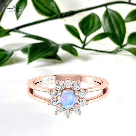 Natural Rainbow Moonstone 0.4 CTW Gemstone With Dainty Diamond Split Shank Ring in 14k Solid Gold