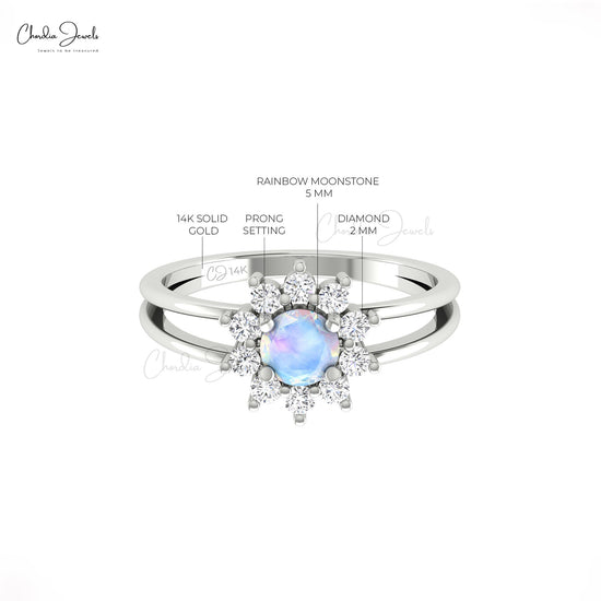 Natural Rainbow Moonstone 0.4 CTW Gemstone With Dainty Diamond Split Shank Ring in 14k Solid Gold