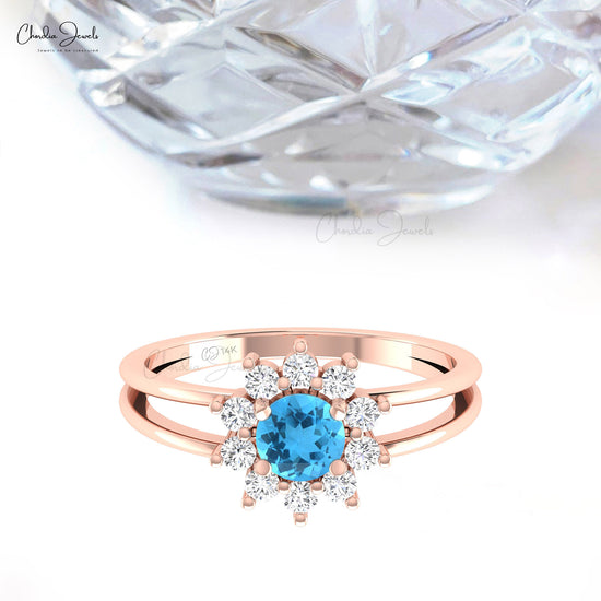 Floral Design Split Shank Ring 5mm Swiss Blue Topaz Ring Halo Dimond Ring In 14k Gold