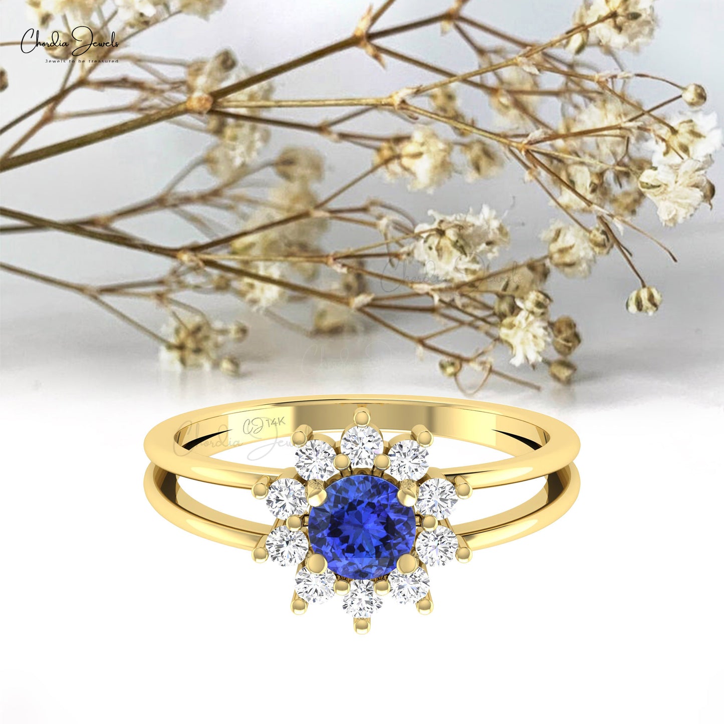 Floral Split Shank Prong Set 0.42ct Tanzanite & Diamond 14k Solid Gold Ring For Wedding