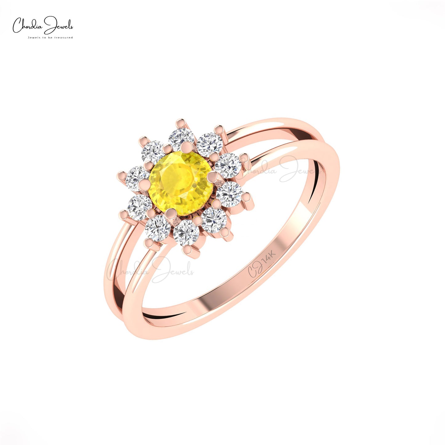 Floral Style Halo Ring in 14k Gold With 5mm Yellow Sapphire And Pave Diamond Split Shank Ring