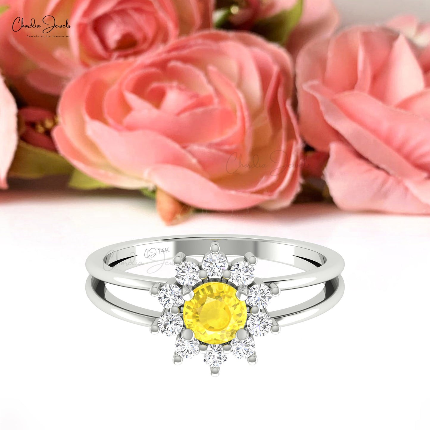 Floral Style Halo Ring in 14k Gold With 5mm Yellow Sapphire And Pave Diamond Split Shank Ring