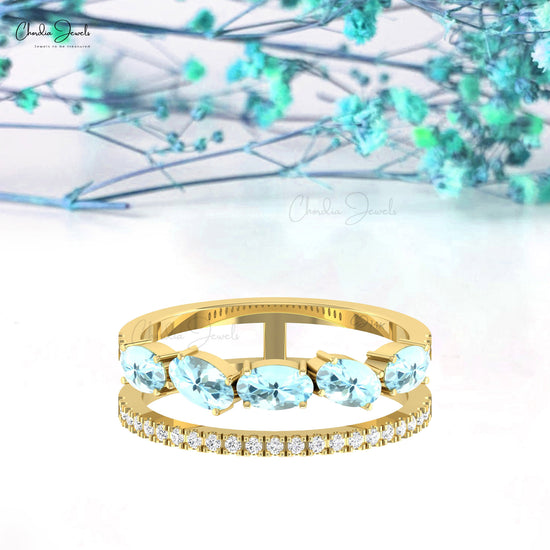 Double Shank  5x3mm Oval Aquamarine Pave Diamond Stack Band Ring In 14k Solid Gold