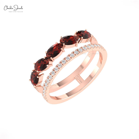 Parallel Split Shank 14k Real Gold Ring with 1.1 Ct Red Garnet And G-H Diamond Two Band Ring