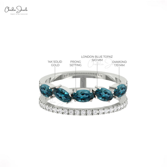 Dual Shank Ring With 1 CTW London Blue Topaz And Pave Diamond 14k Real Gold Wedding Ring