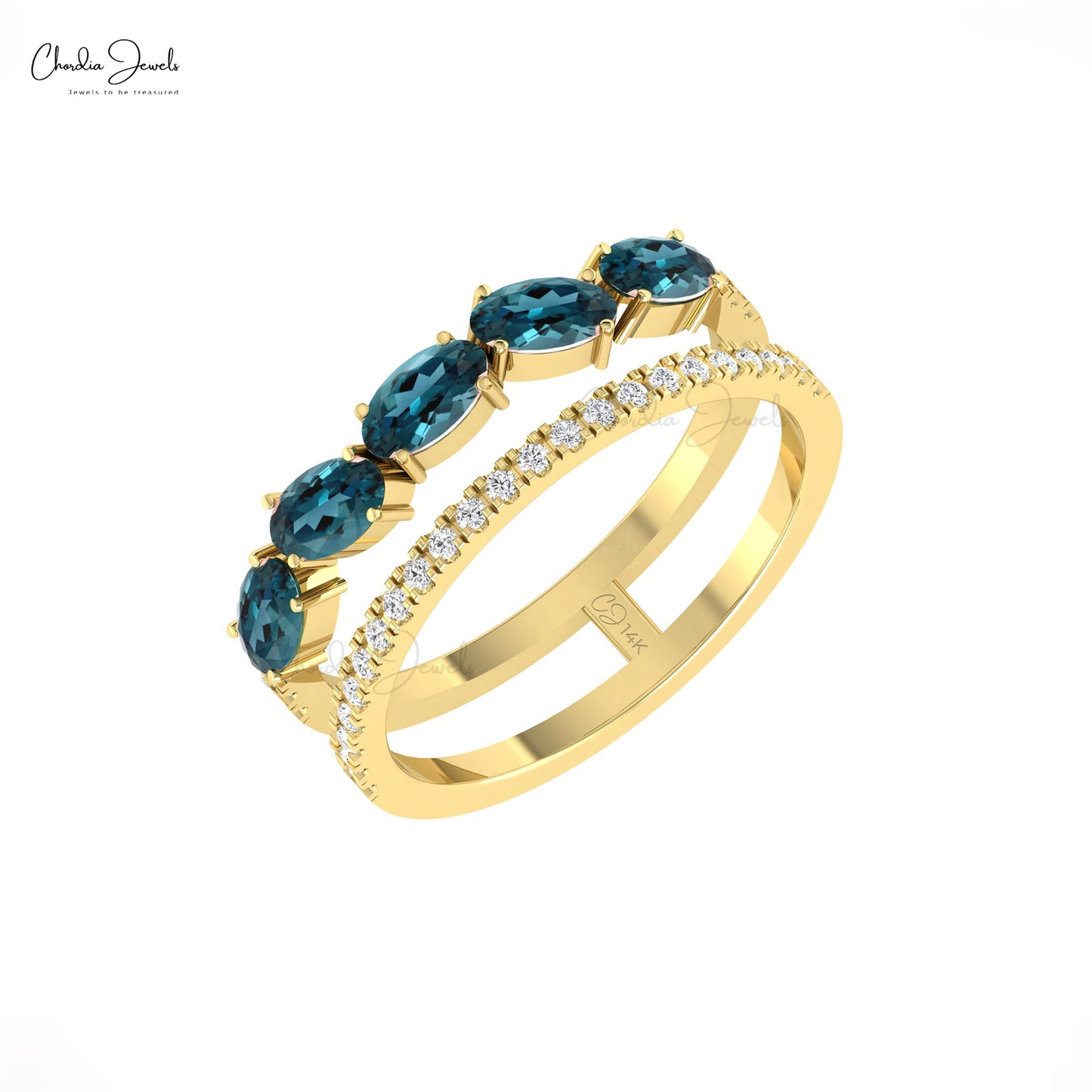 Dual Shank Ring With 1 CTW London Blue Topaz And Pave Diamond 14k Real Gold Wedding Ring