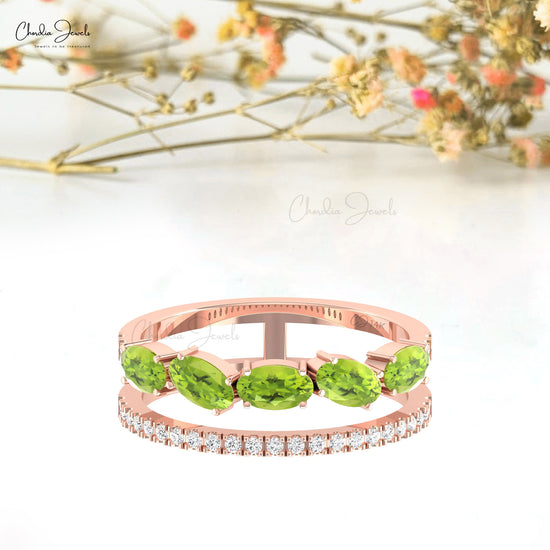 Parallel Split Shank  5x3mm Oval Peridot Ring Solid 14k Gold Diamond Ring For Gift