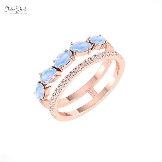 Solid 14k Gold Dual Stacking Band With 1 CTW Rainbow Moonstone And G-H Diamond Bridal Ring