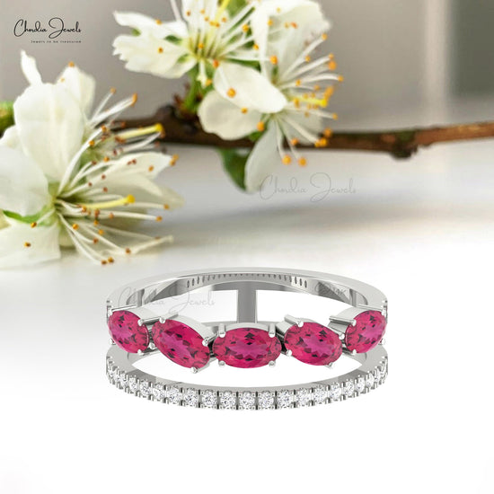 Parallel Split Shank 1.1 Ct Pink Tourmaline With Pave Diamond 14k Solid Gold Dual Band Ring