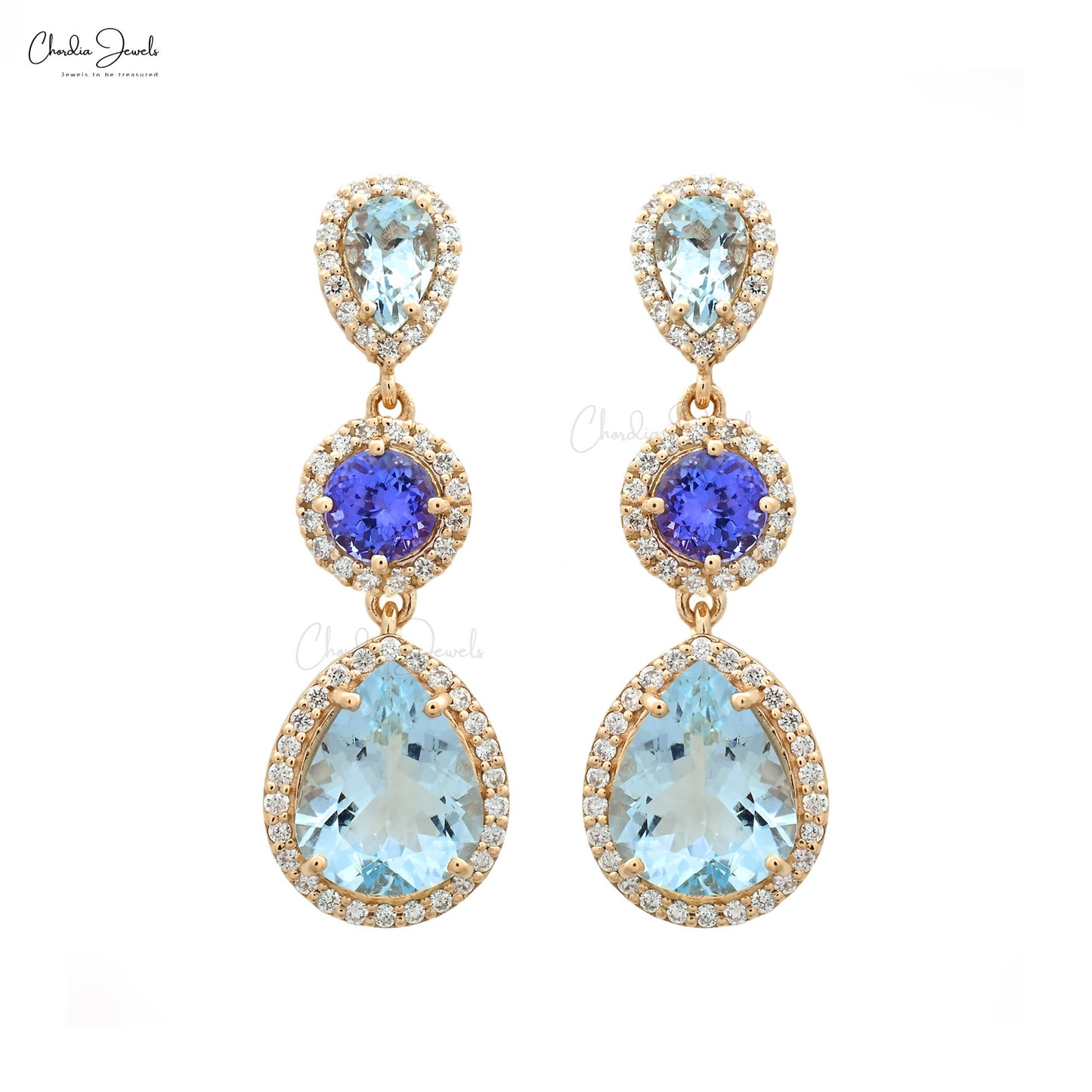 Aquamarine & Tanzanite Dangle Earring 14k Yellow Gold Diamond Halo Earrings For Her