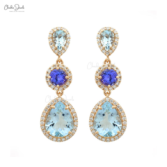 Aquamarine & Tanzanite Dangle Earring 14k Yellow Gold Diamond Halo Earrings For Her