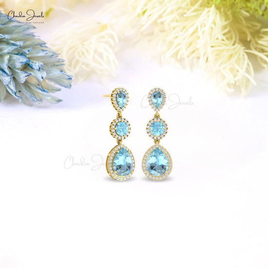 Halo 3 Stone Solid 14k Gold Earrings With 6.14 Ct Aquamarine And Diamond Dangle Earrings