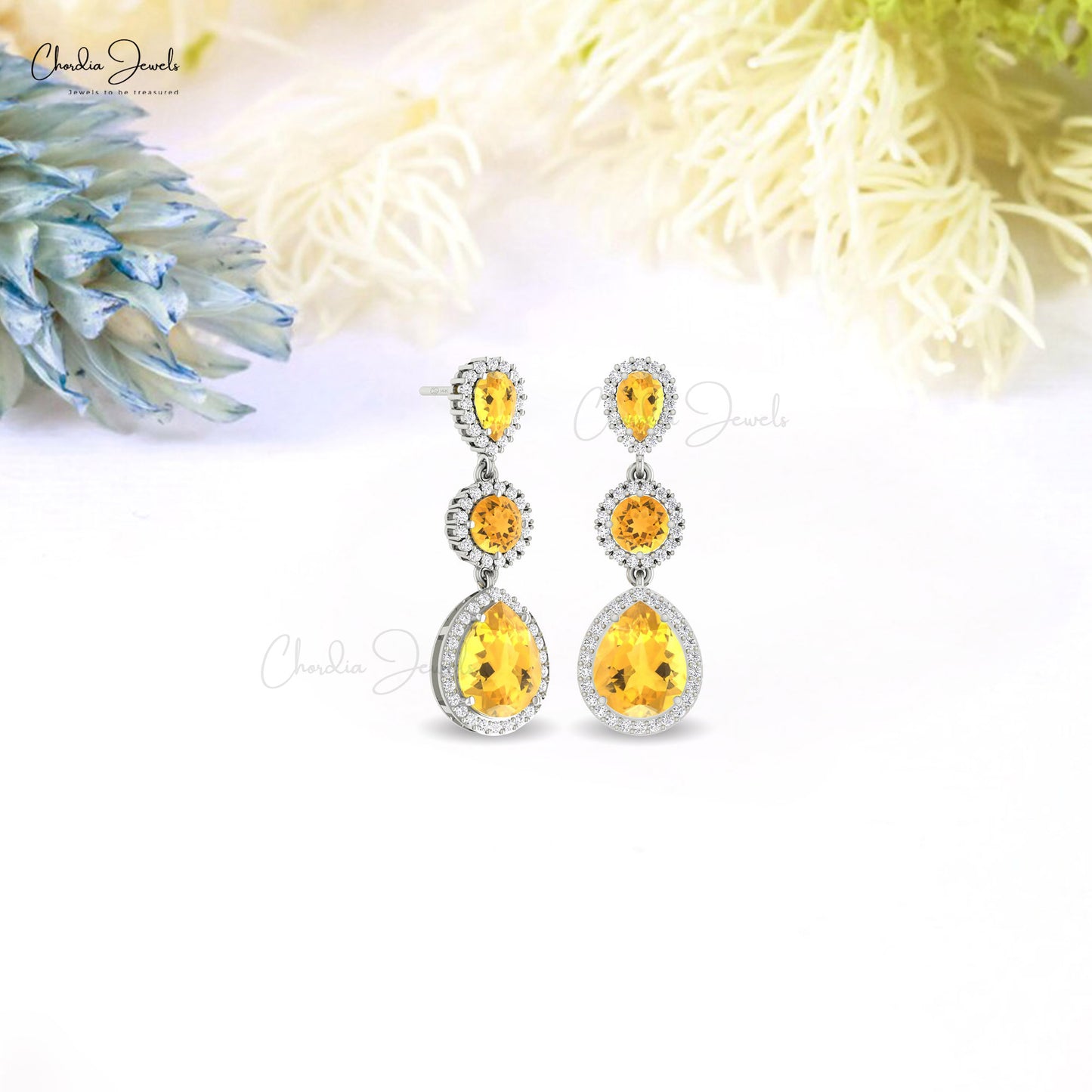 Cocktail Earrings with 14k Real Gold Diamond And Prong set Citrine Halo Dangle Earrings