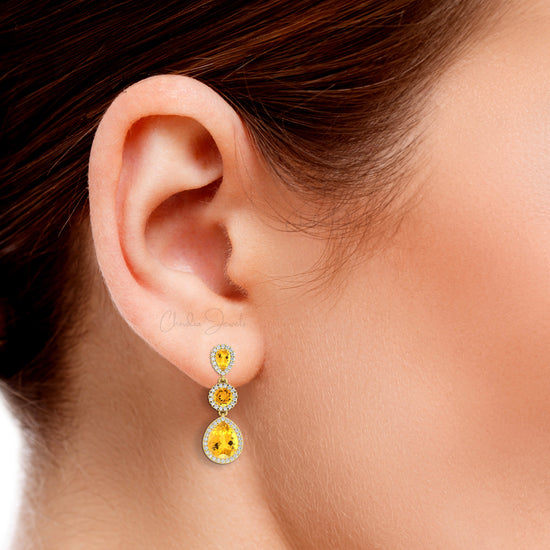 Cocktail Earrings with 14k Real Gold Diamond And Prong set Citrine Halo Dangle Earrings