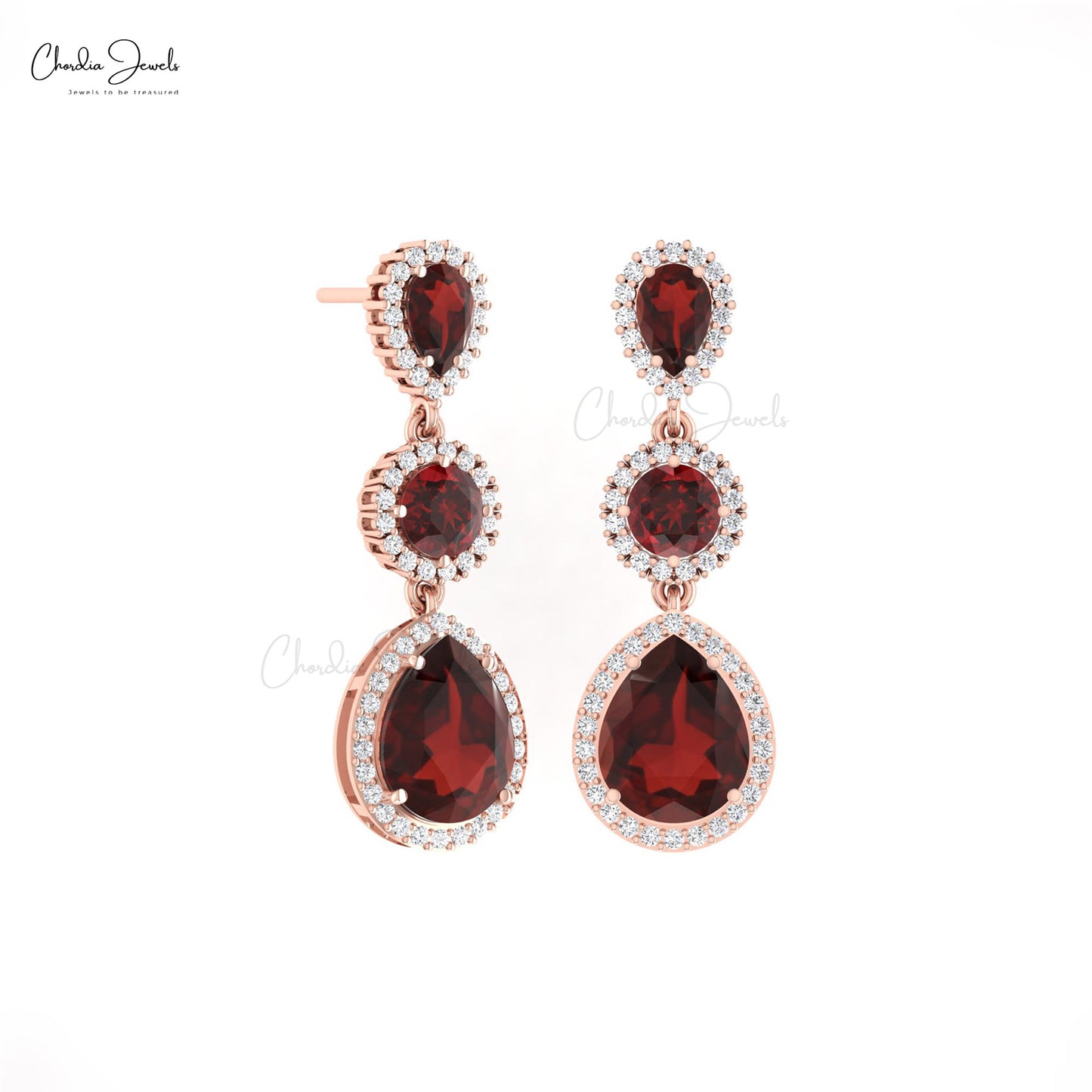 Halo Diamond And 3.07 Red Garnet Gemstone 14k Solid Gold Dangle Cocktail Earrings