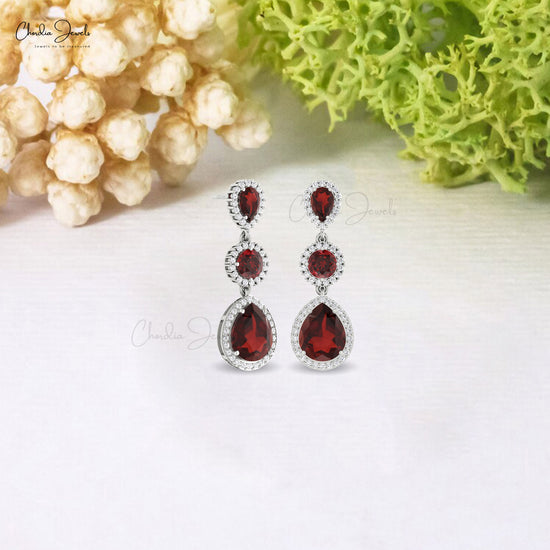 Halo Diamond And 3.07 Red Garnet Gemstone 14k Solid Gold Dangle Cocktail Earrings