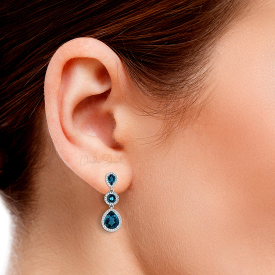 Cocktail Dangle Earring In Solid 14k Gold Halo Diamond With London Blue Topaz 3 Stone Earrings