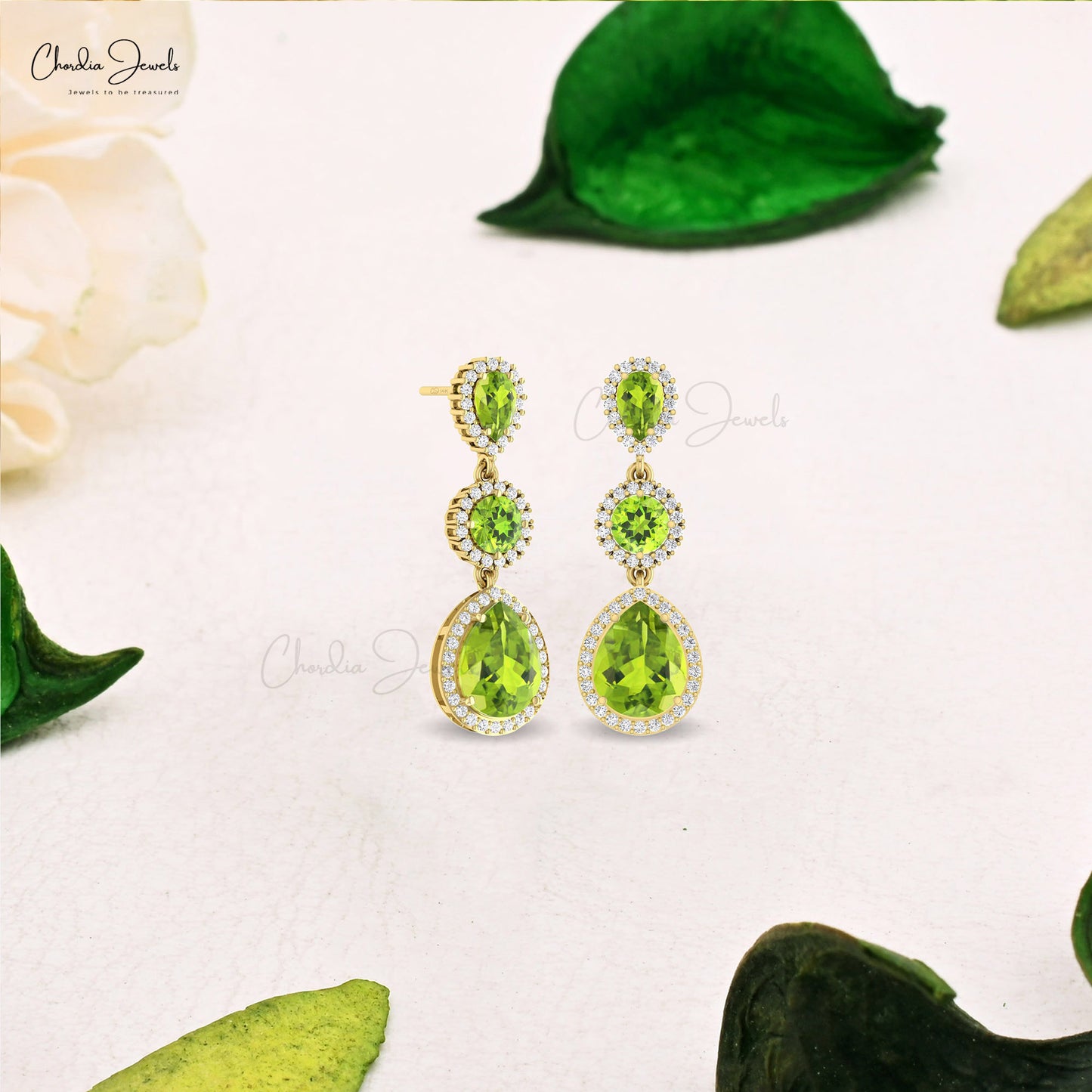 Natural 3.07Ct Peridot Gemstone and Diamond Halo 14k Solid Gold Dangle Earrings For Women