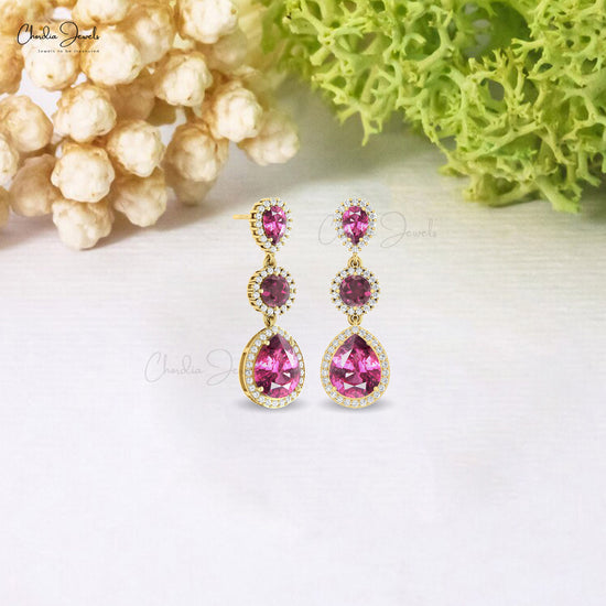 Dangle Pear Rhodolite Garnet 3 Stone And G-H Diamond 14k Real Gold Halo Cocktail Earrings