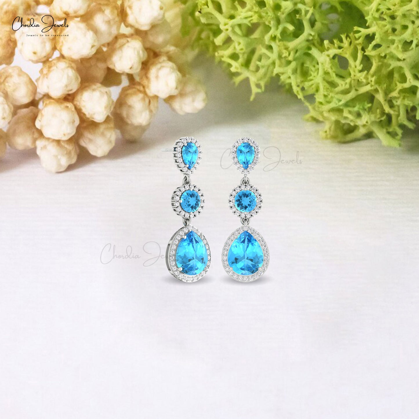 Danglers Halo Earring in Real 14k Gold Swiss Blue Topaz & Diamond Push Back 3 Stone Earrings